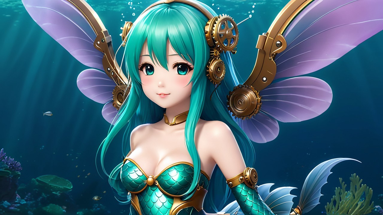 Underwater Character with Teal Hair and Steampunk Wings