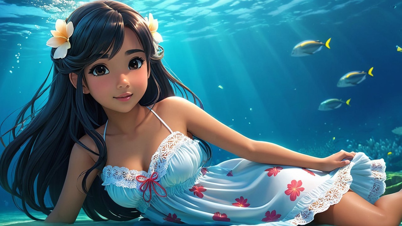 Young girl in floral dress swimming underwater with fish