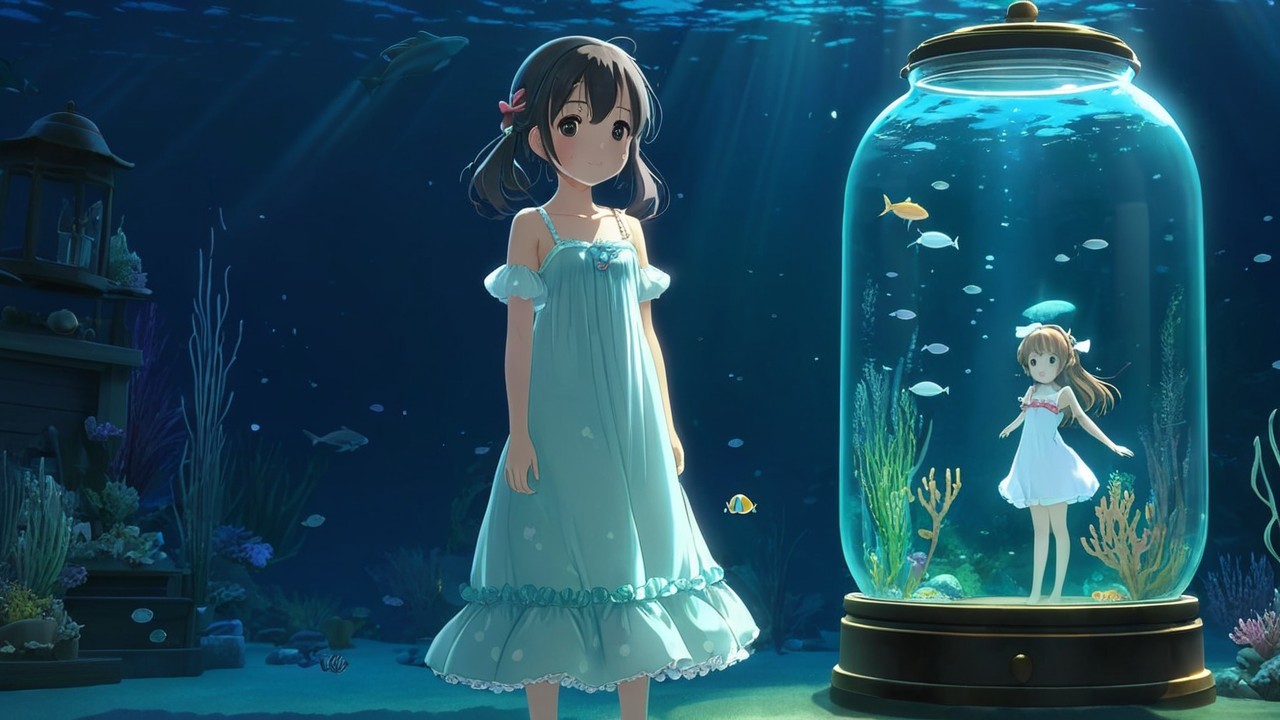 Underwater Scene with Girl and Miniature Self