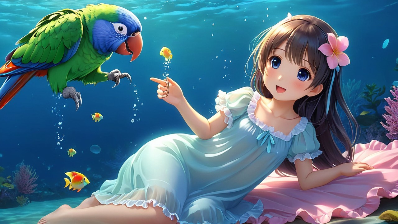 Underwater Scene of Girl with Parrot and Colorful Fish