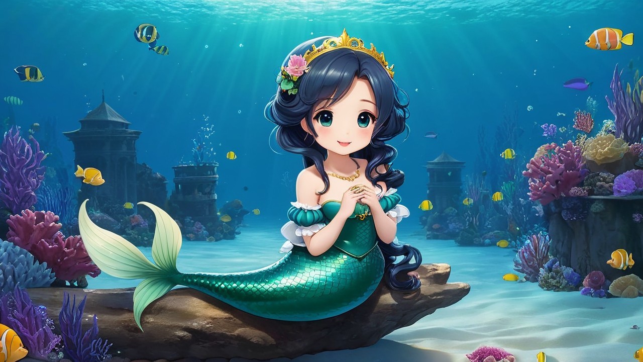 Animated mermaid on a rock in a vibrant ocean scene