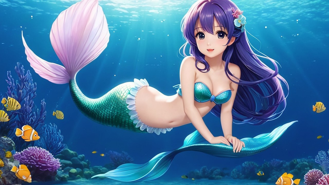 Vibrant Underwater Scene with Mermaid and Coral
