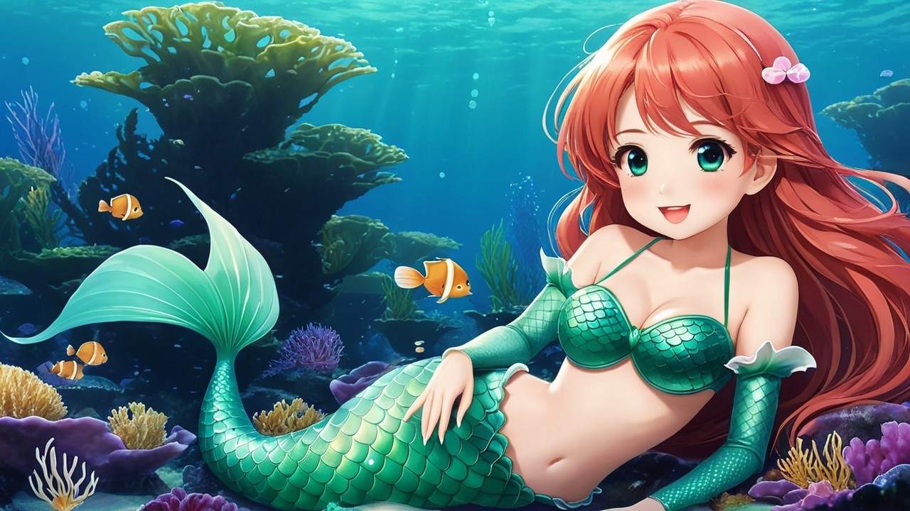 Vibrant Underwater Scene with Cheerful Mermaid