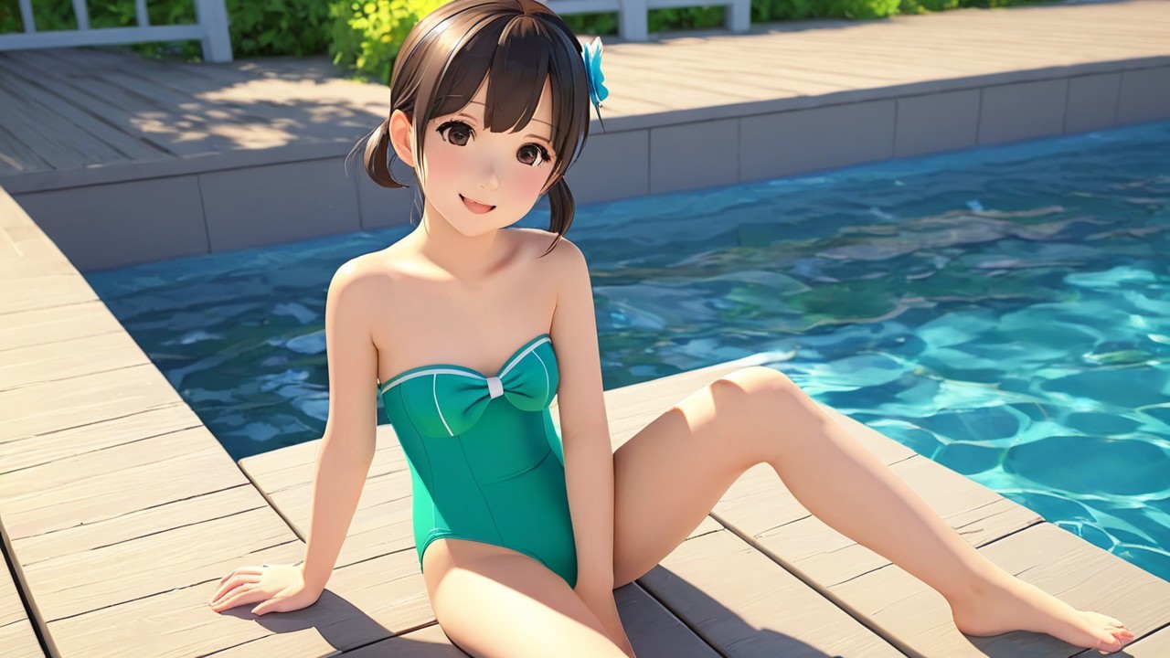 Cheerful Animated Character by Pool in Teal Swimsuit