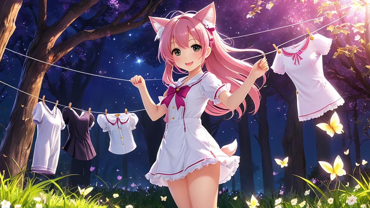 Cheerful anime character in a moonlit forest setting