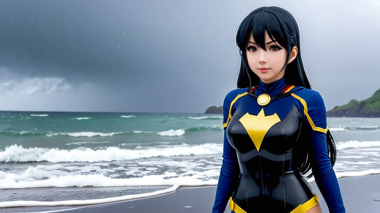 Superhero in Black and Yellow Costume on Beach