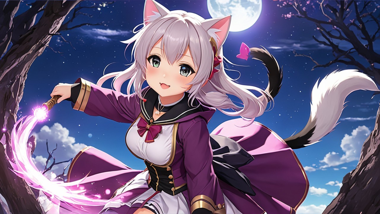 Whimsical Anime Character Under Full Moon and Stars