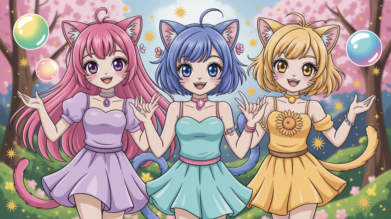 Anime Cat Girls in a Whimsical Spring Forest Scene