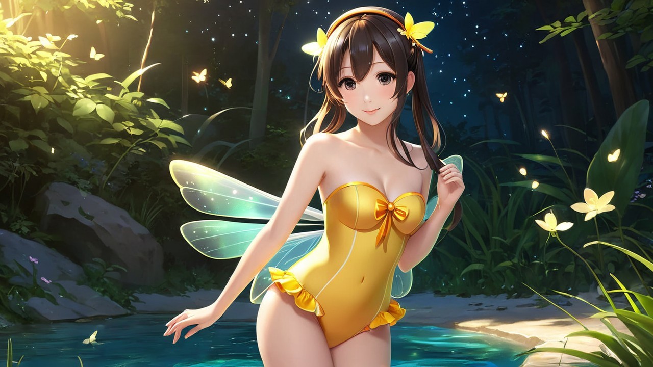Whimsical figure with fairy wings by a moonlit stream