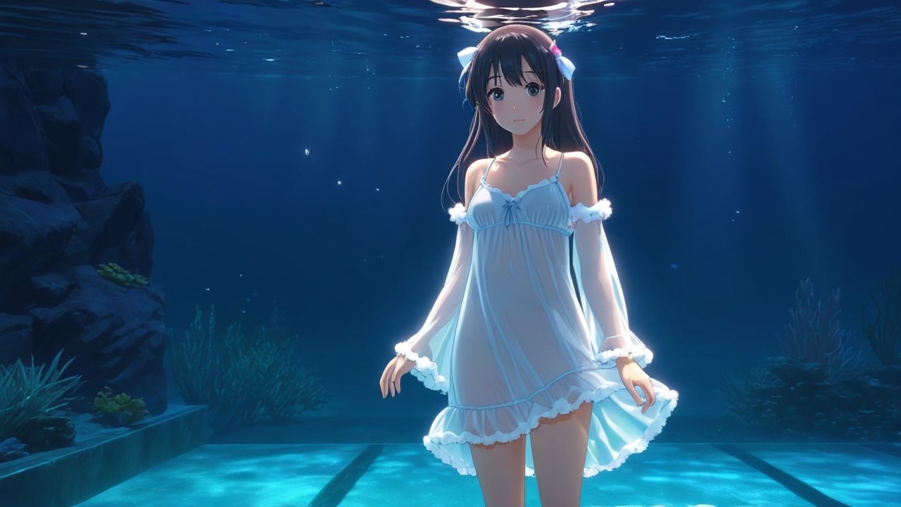 Young woman in white dress underwater with sunbeams