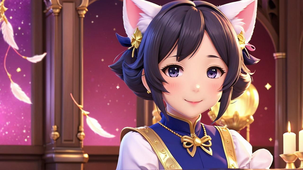 Cute Anime Character with Cat Features in Elegant Outfit