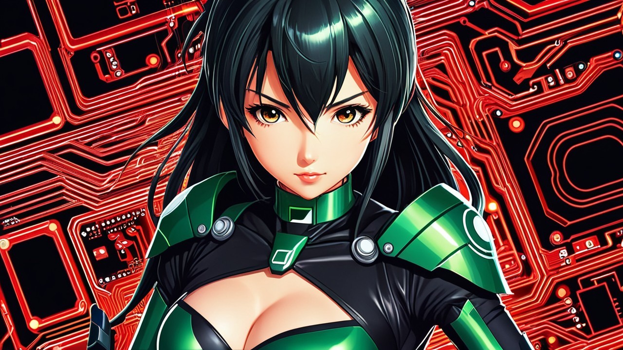 Futuristic Female Character in Green and Black Outfit