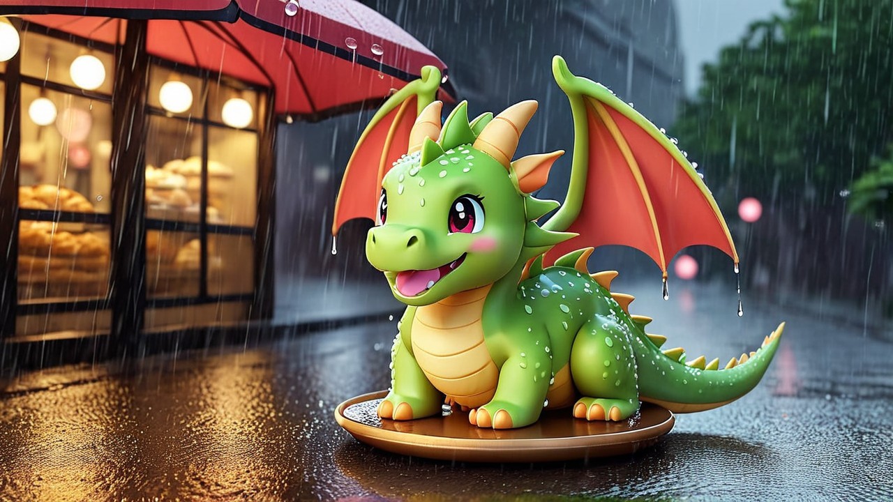 Animated dragon on platform with cozy bakery backdrop