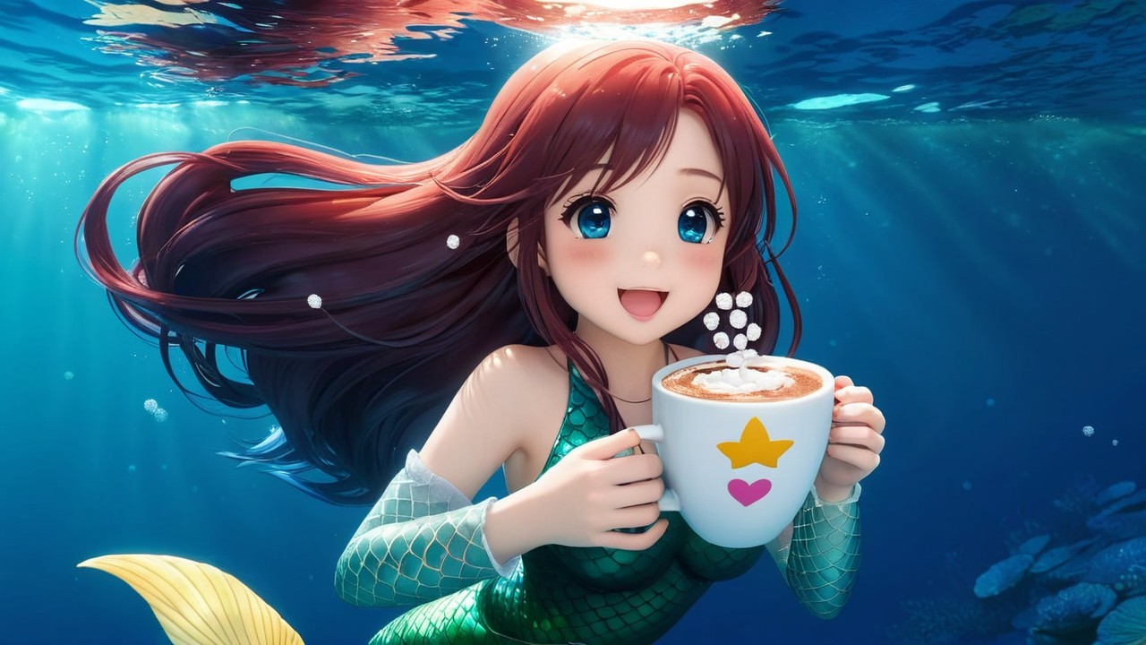 Whimsical Underwater Scene with Cheerful Mermaid