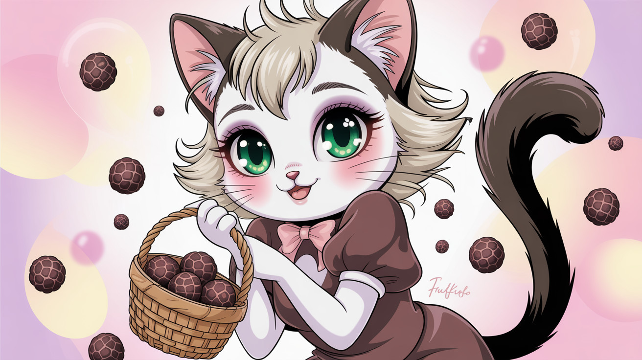 Cute fluffy white cat character in a brown dress