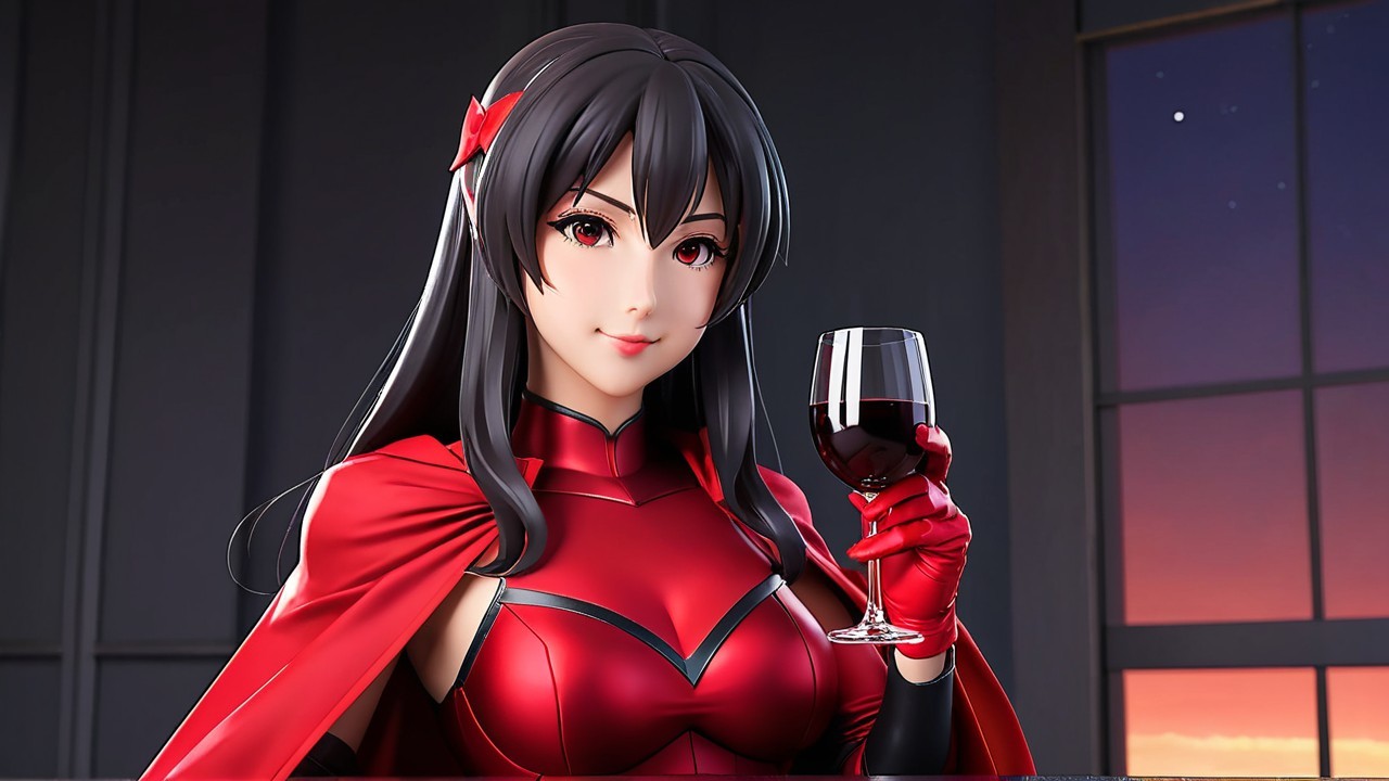 Young woman in red costume with wine in elegant setting