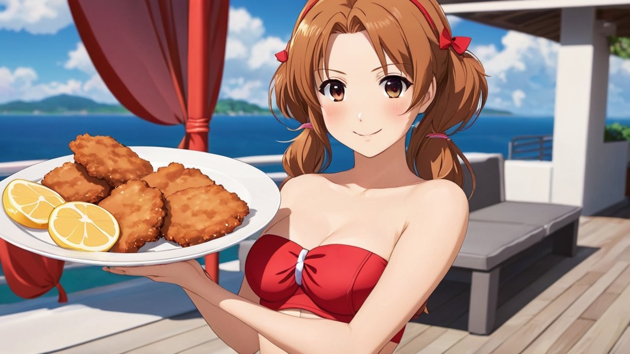 Cheerful anime girl with fried chicken at seaside