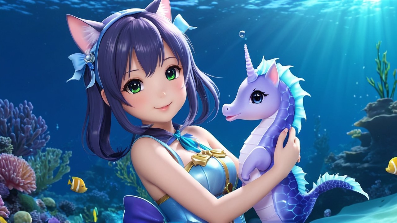 Anime-style girl with cat ears in underwater scene