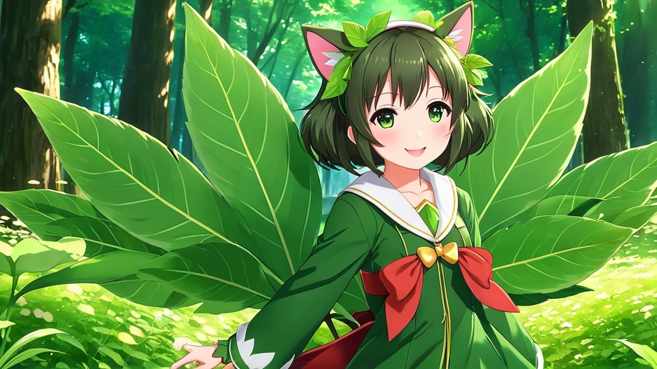 Cheerful anime girl with leafy wings in vibrant forest