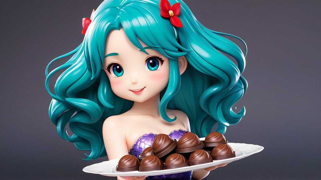 Chibi-style mermaid figurine with chocolates on tray