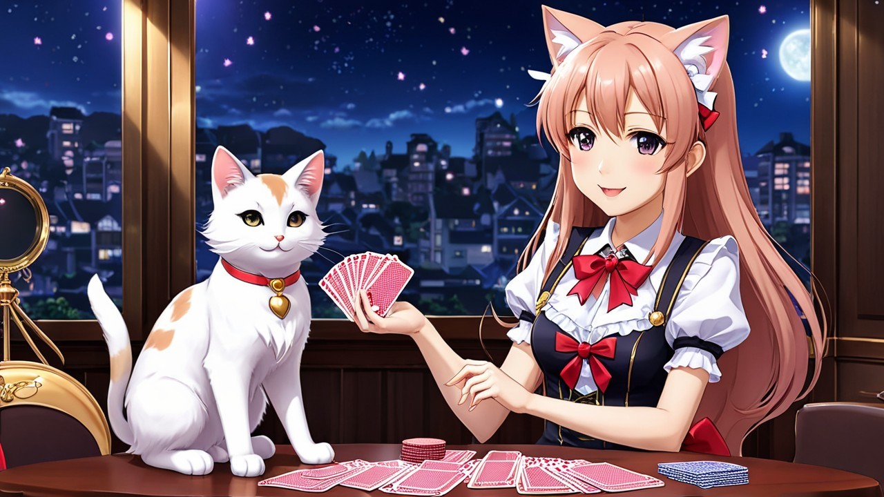 Cheerful girl with pink hair and cat ears playing cards