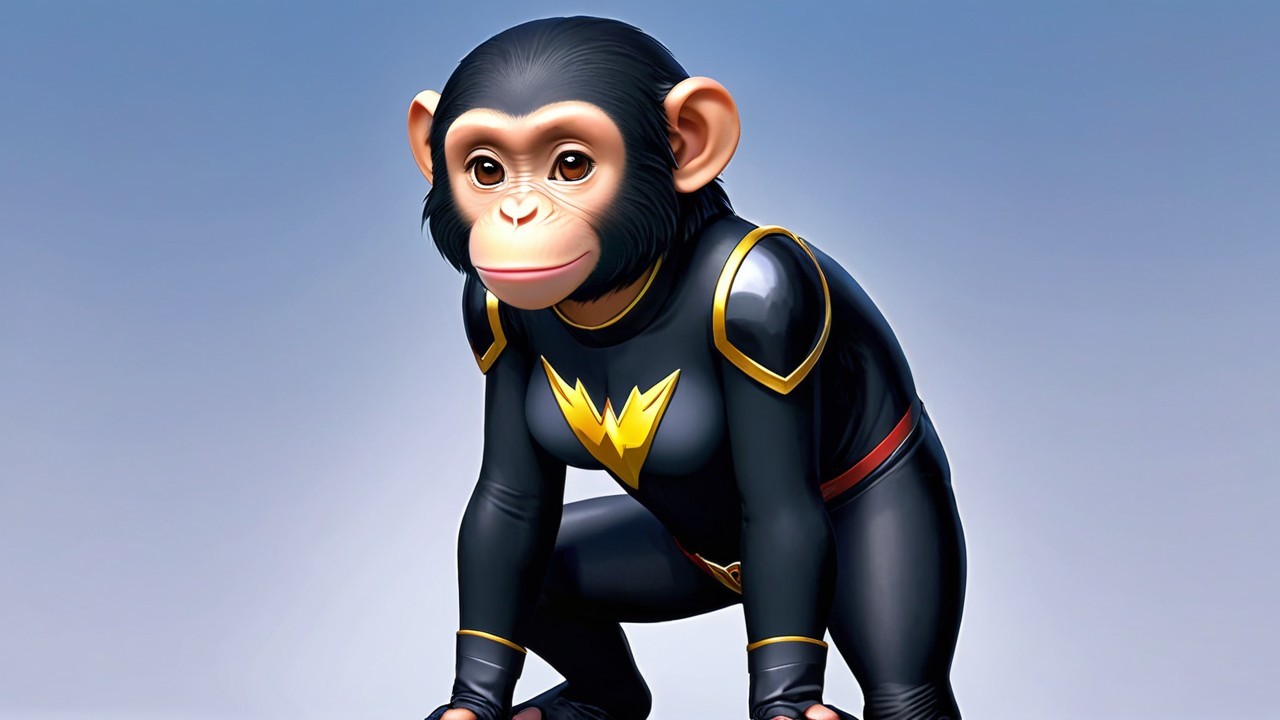 Cartoon monkey in black superhero suit with lightning bolt