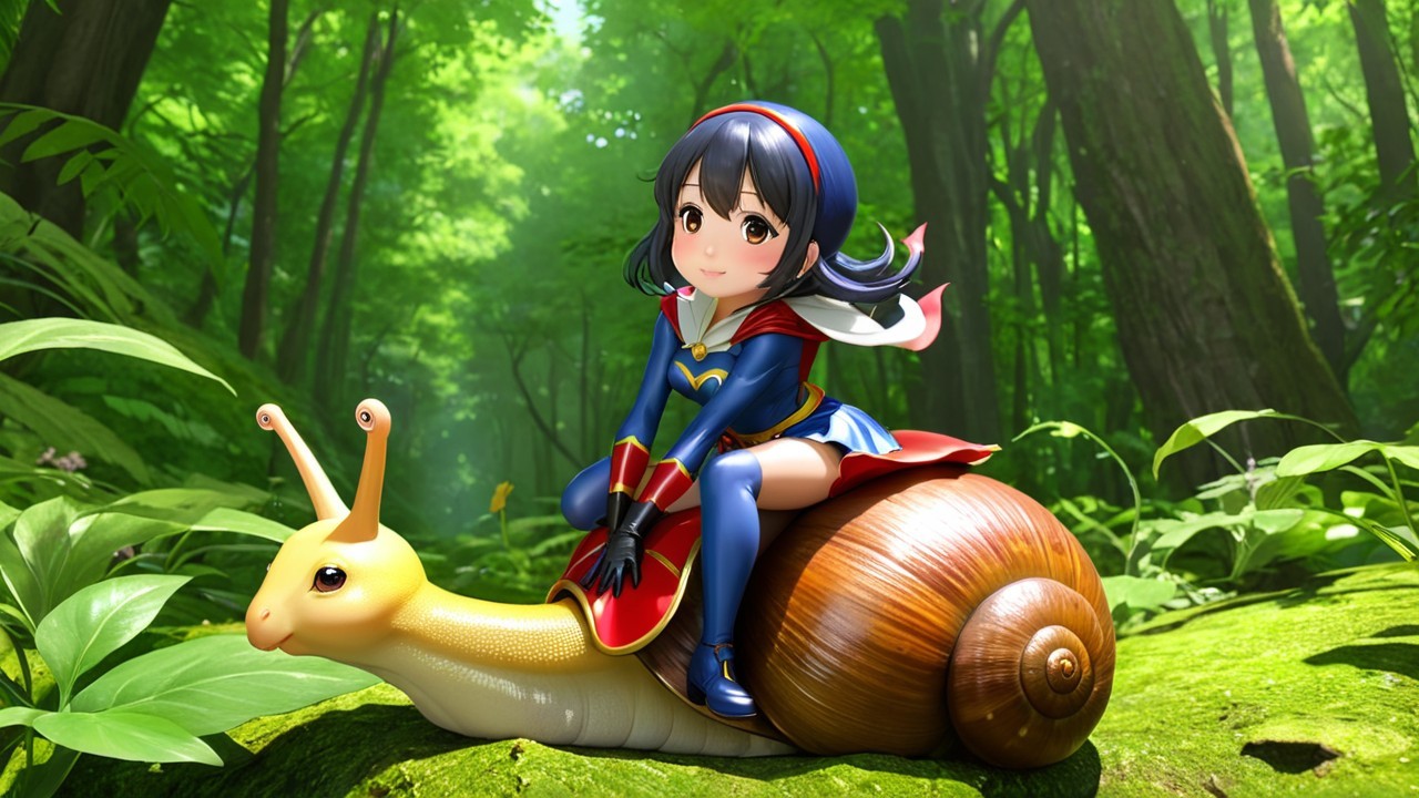 Cheerful Character on Snail in Lush Forest Scene