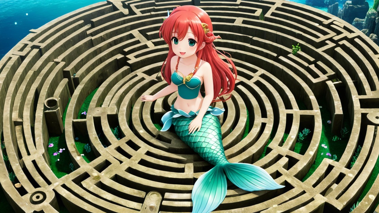 Mermaid in a Wooden Maze Surrounded by Blue Waters