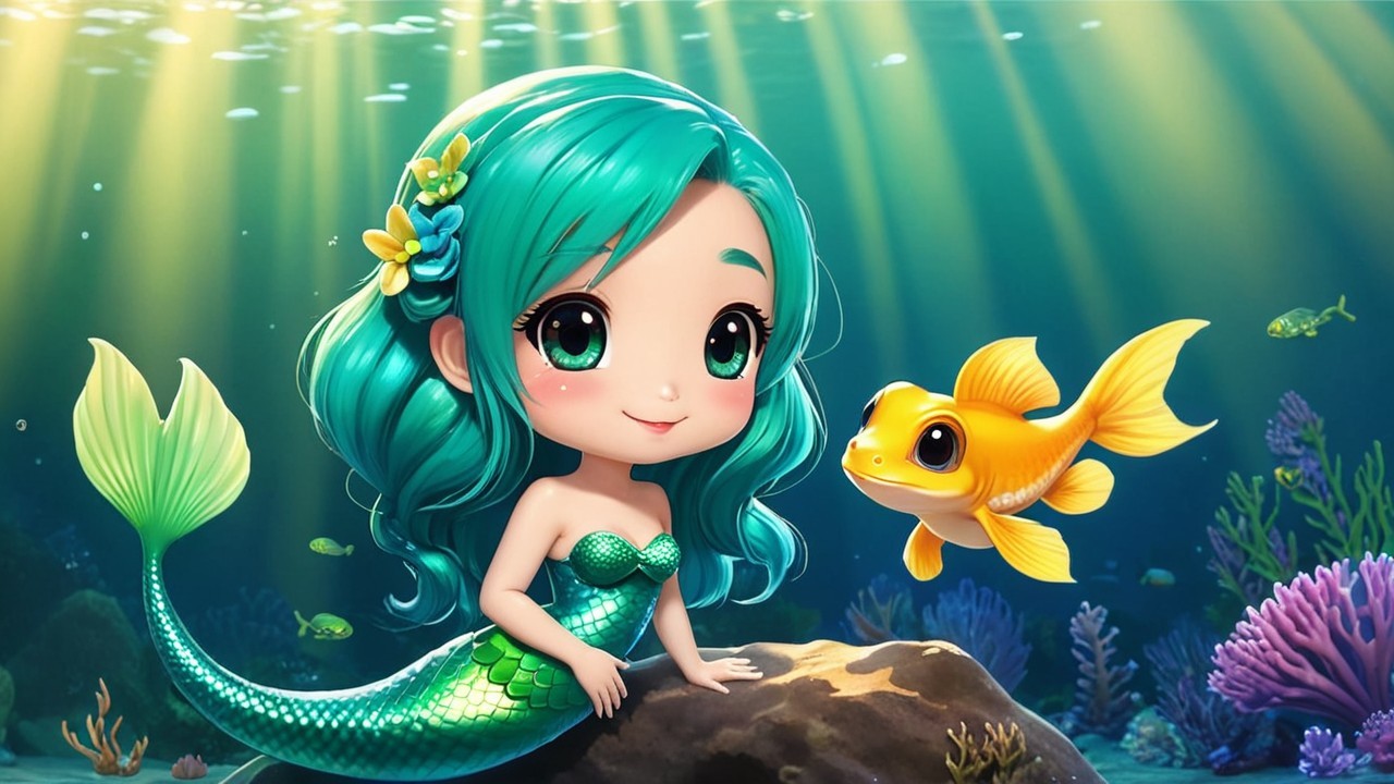 Animated Mermaid with Turquoise Hair Underwater Scene