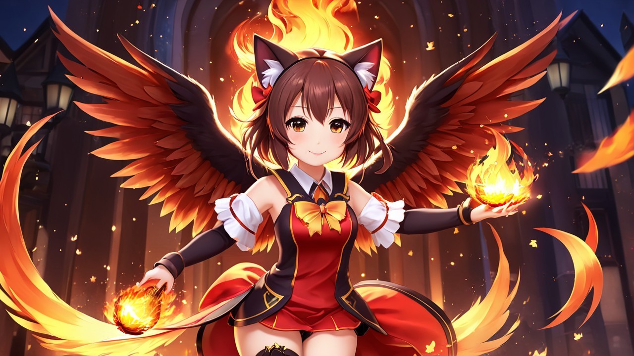 Anime Character with Fox Ears and Fiery Wings