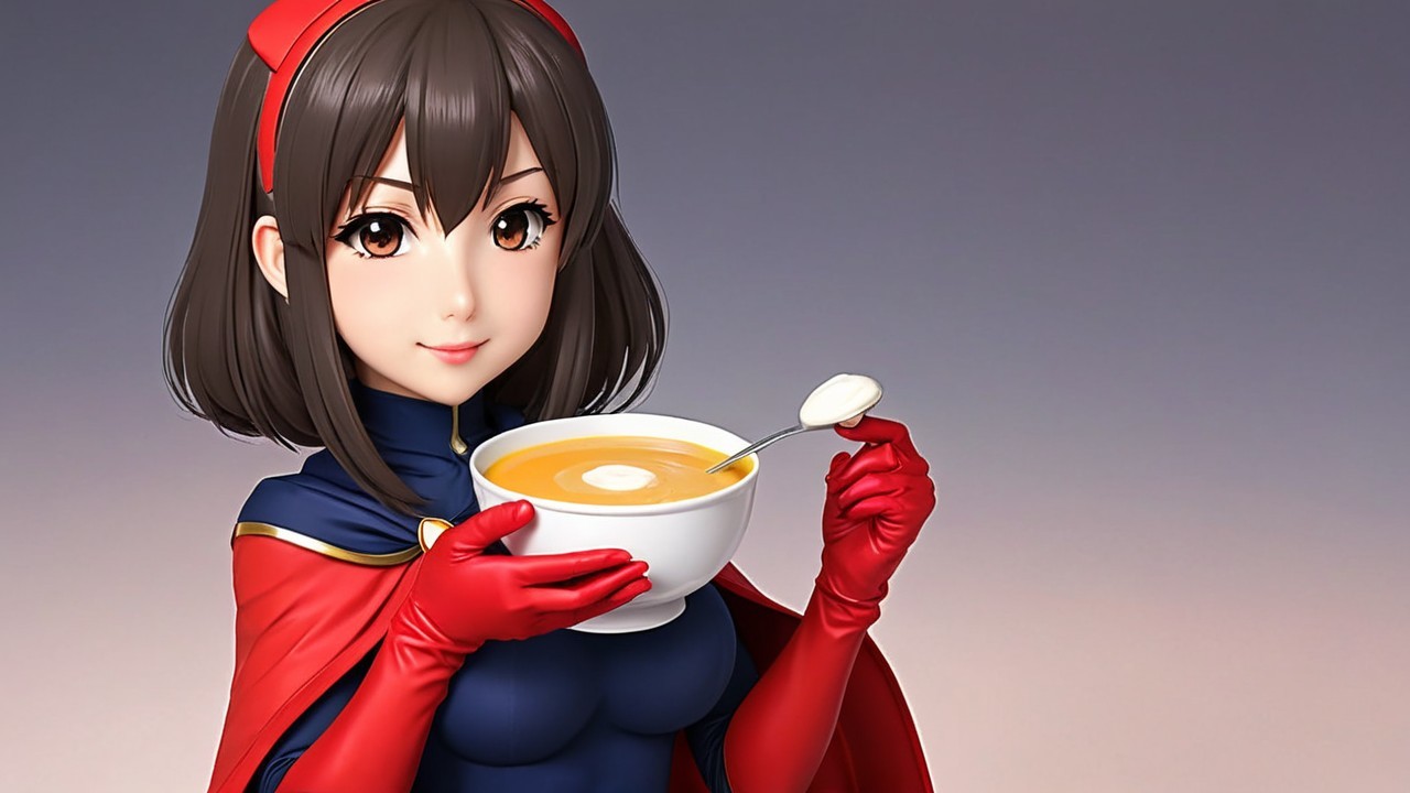 Stylish Character in Superhero Outfit with Soup Bowl