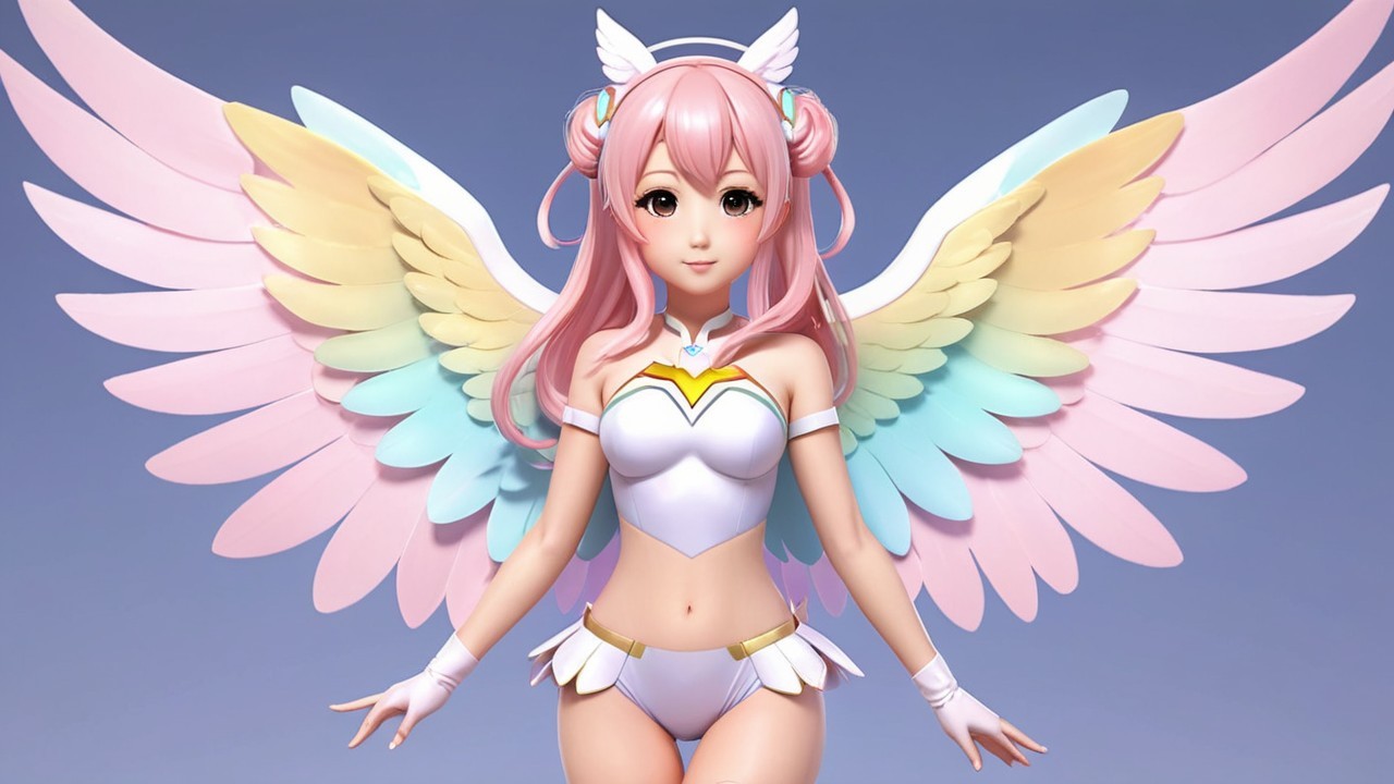 Fantastical character with colorful wings and pink hair