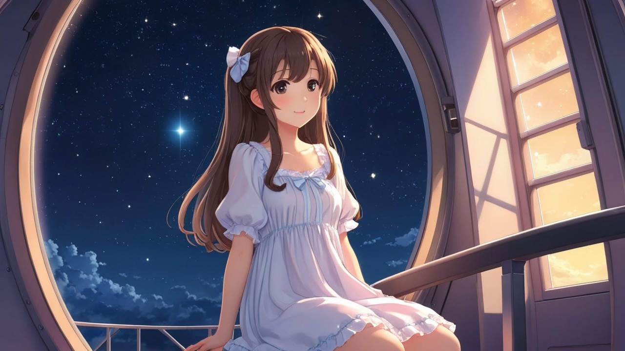 Young girl in nightgown gazing at starry sky