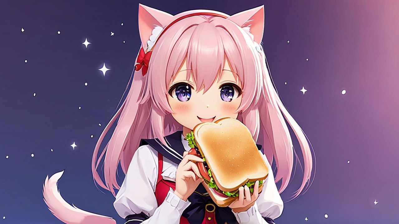 Cheerful character with pink hair and cat ears holding sandwich