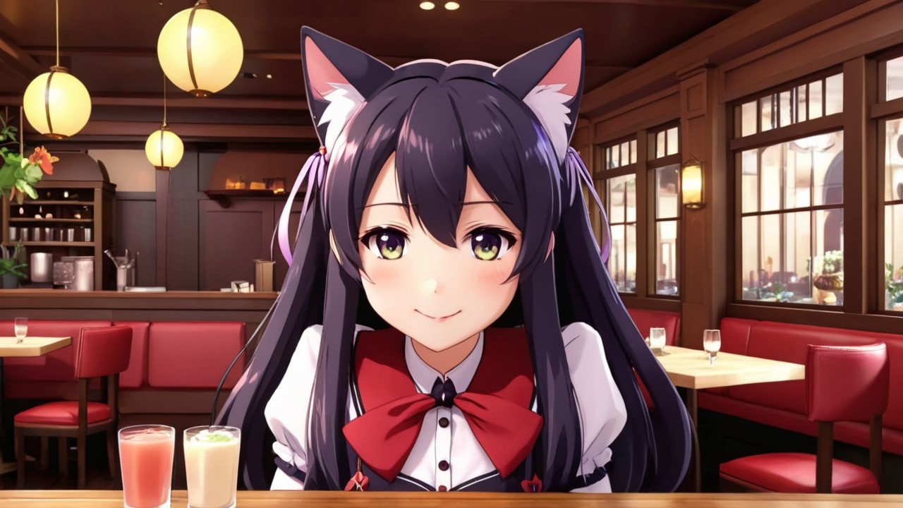 Cheerful Anime Girl in Cozy Restaurant Setting