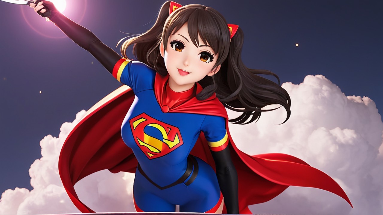 Dynamic female superhero in vibrant blue costume