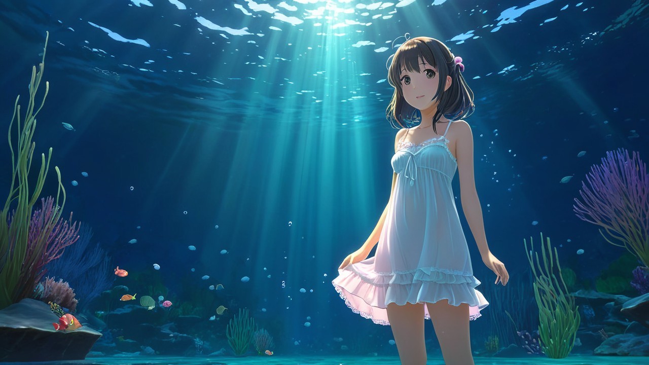 Young girl in white dress underwater with coral and fish