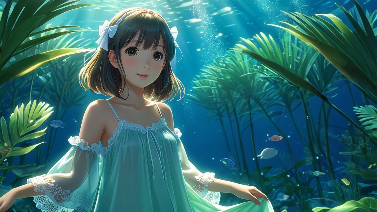 Underwater Scene with Girl in Delicate Dress