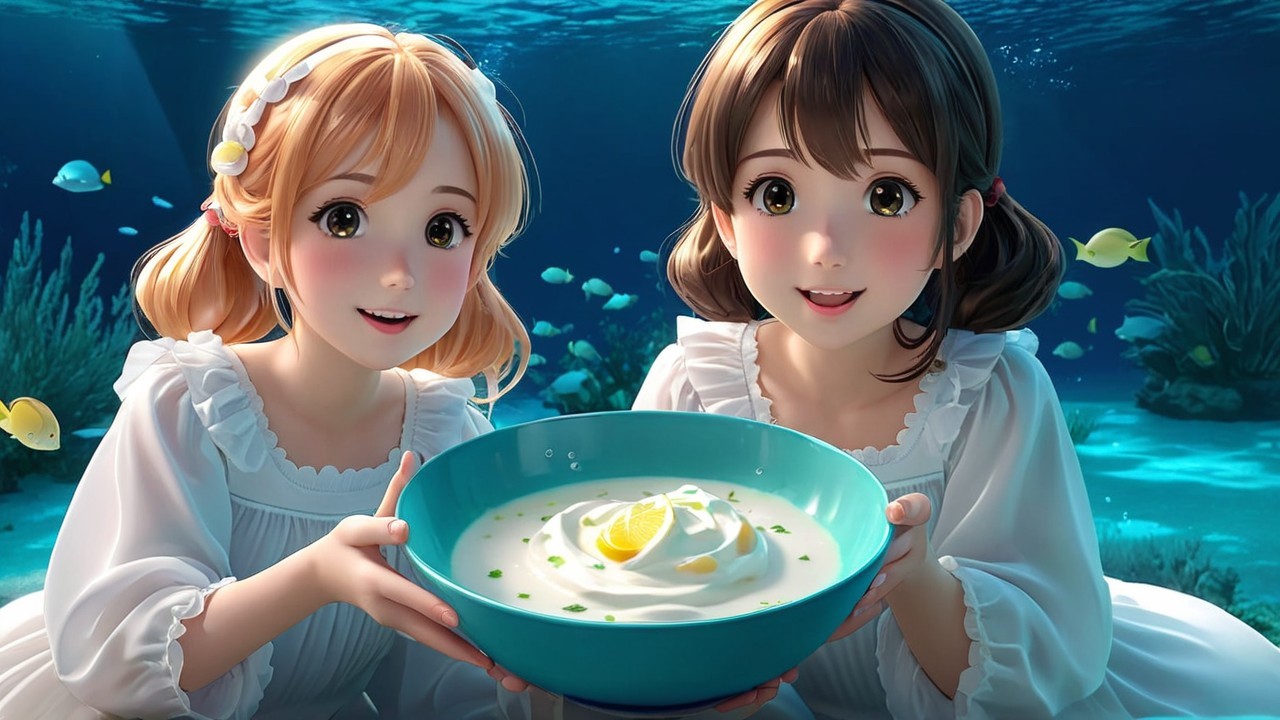 Cheerful Girls Underwater with Creamy Dish and Fish
