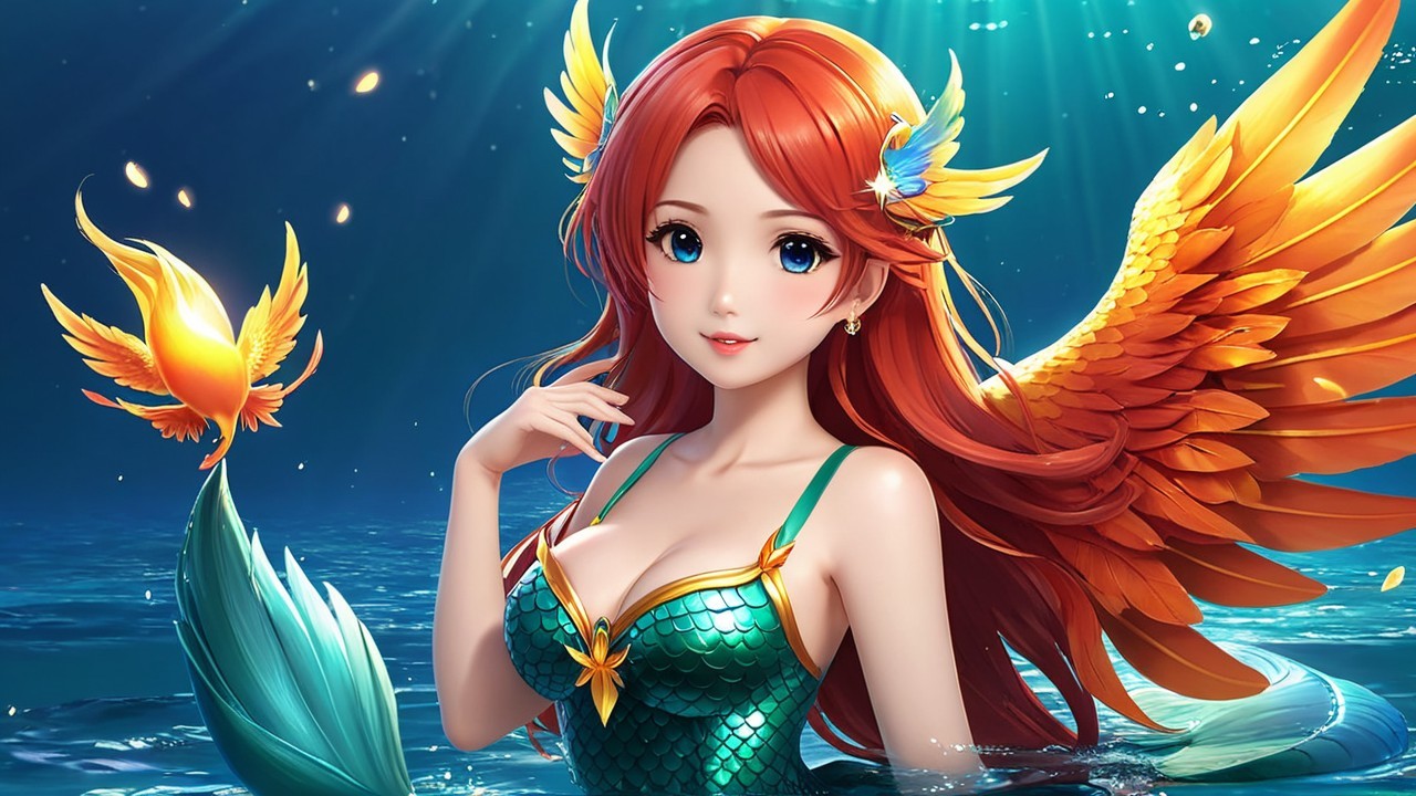 Mermaid Character with Red Hair and Golden Wings
