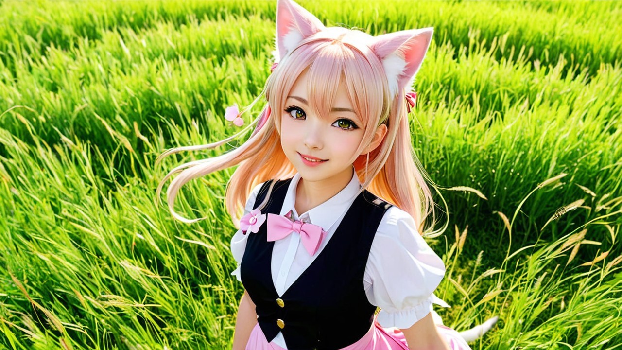 Young woman in a green field with playful outfit