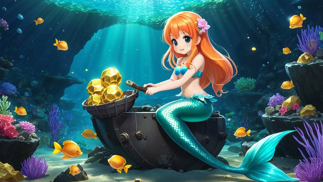 Cheerful mermaid with treasures in vibrant underwater scene