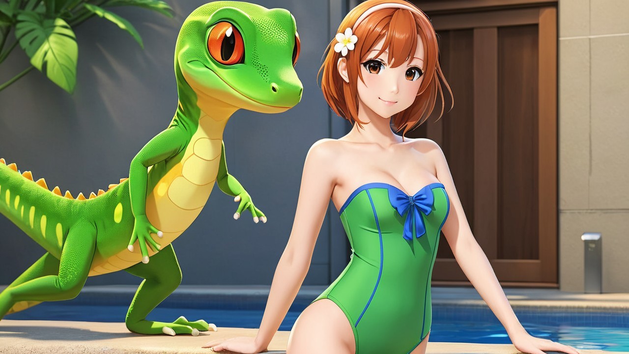 Cheerful woman in green swimsuit by pool with gecko