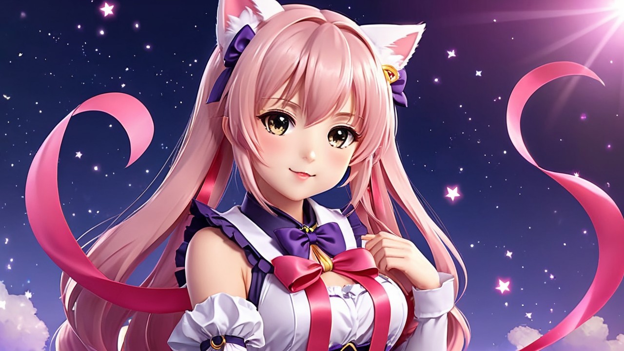 Cheerful anime girl with pink hair and starry background