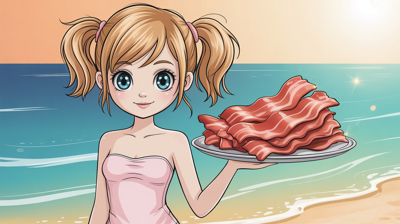 Anime Girl on Beach with Bacon Plate at Sunset