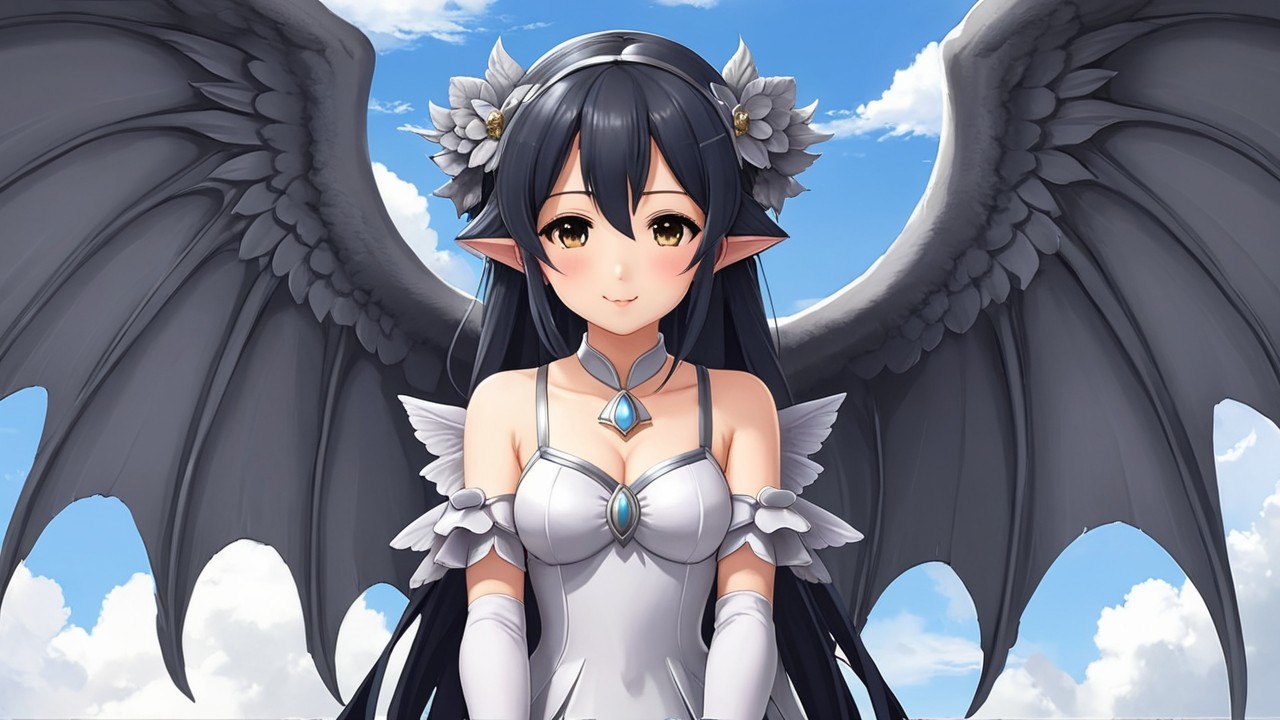 Young woman with wings in a blue sky setting