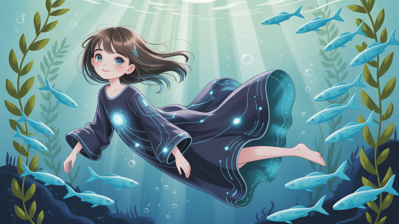 Anime girl in blue dress floating underwater with fish