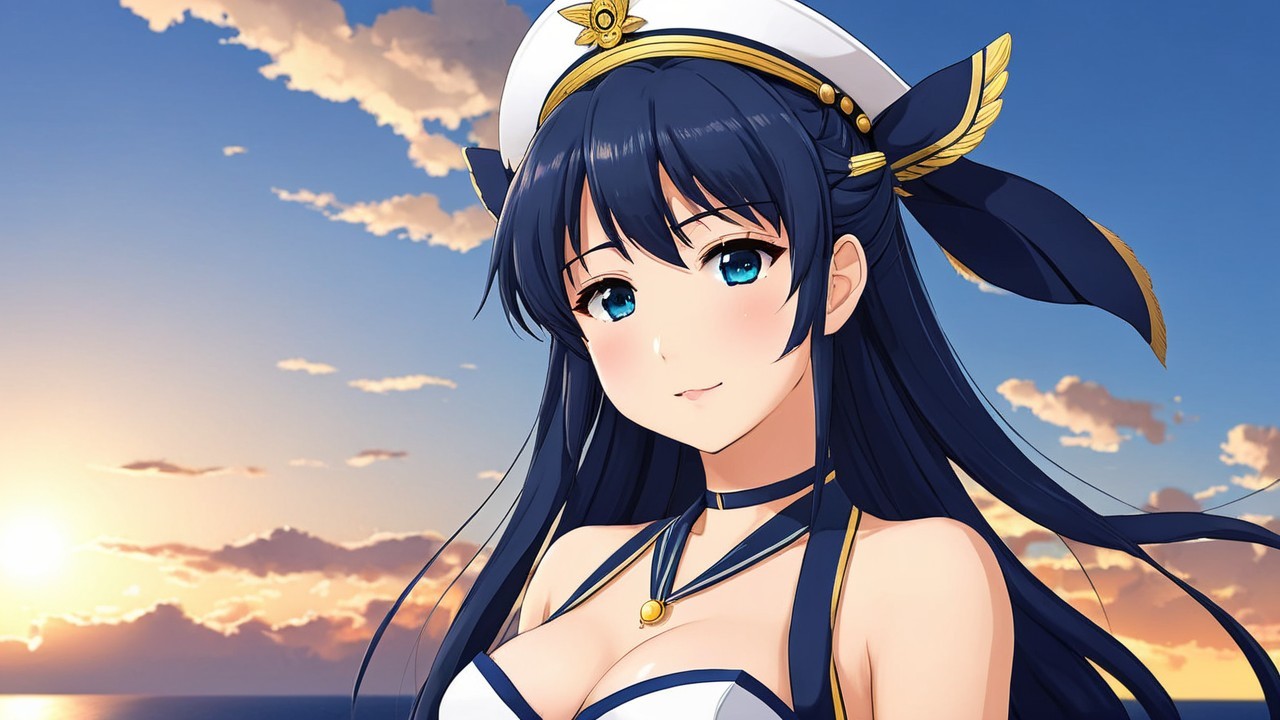 Young Woman in Nautical Outfit Against Sunset Sky