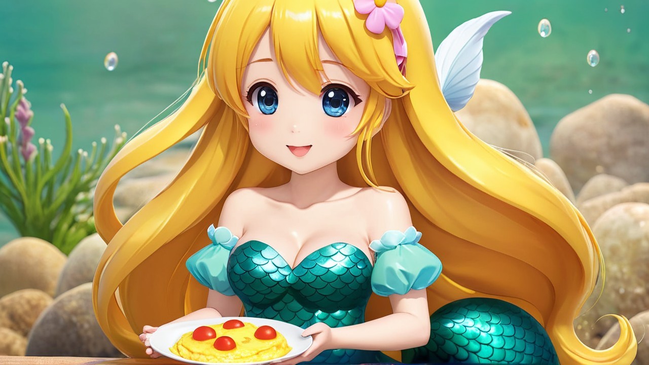 Cheerful Mermaid with Colorful Pizza Underwater Scene