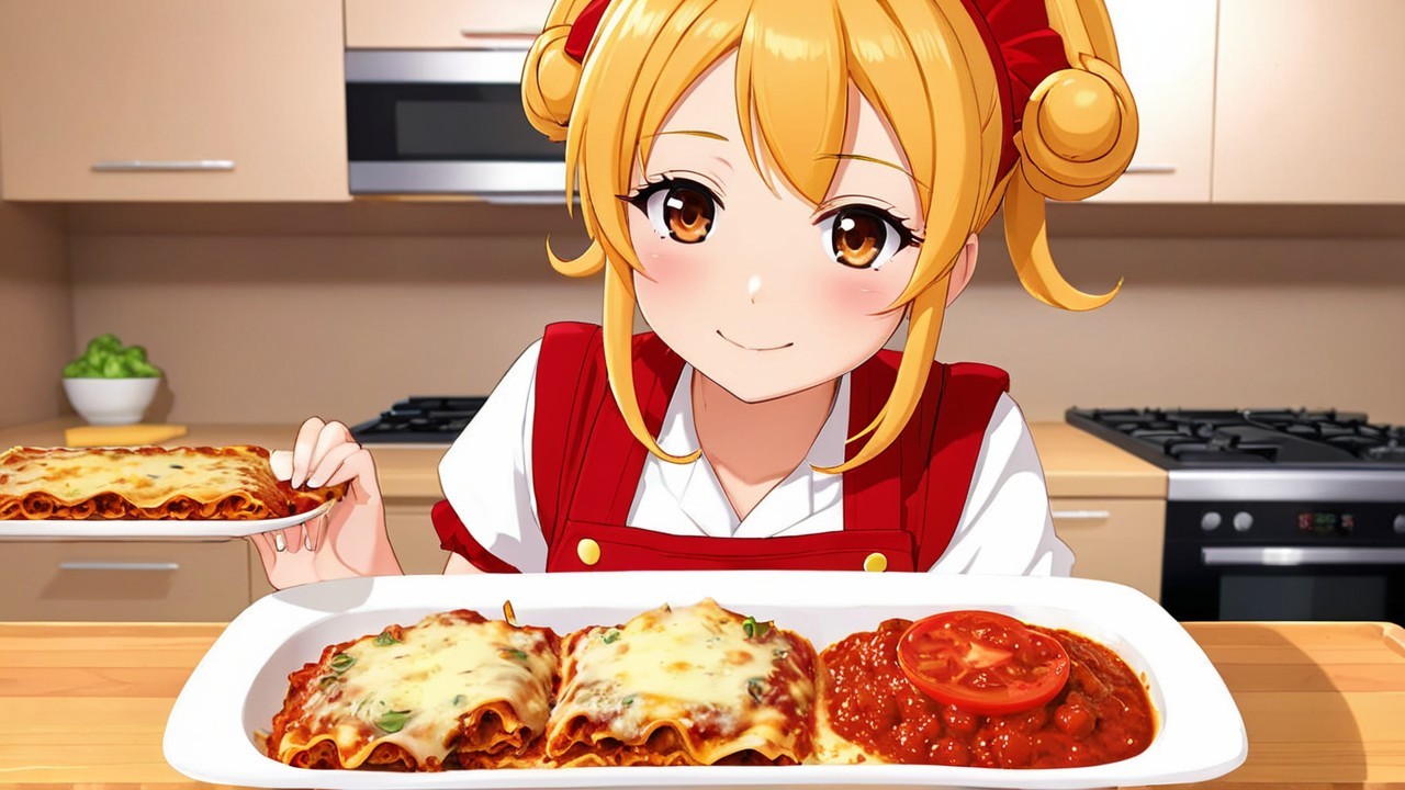 Cheerful Anime Character in Kitchen with Lasagna